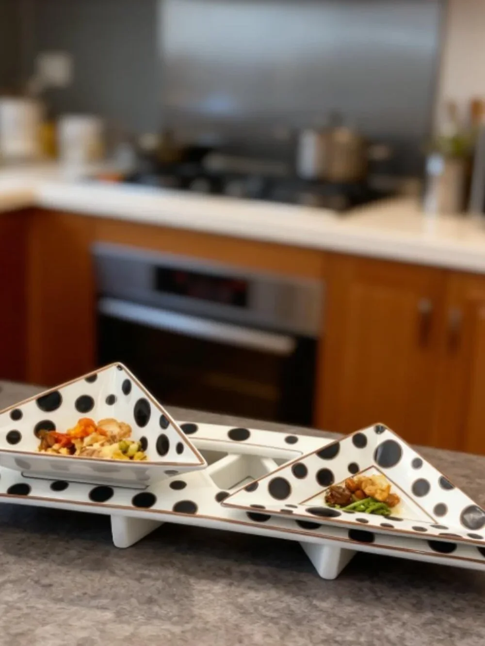 Triangle Divided Serving Tray Set of 3 w/ Stand Black White Polka Dot Porlien